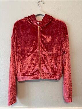 Fabletics Crushed Velvet Zip Hoodie in Strawberry with Gold Hardware